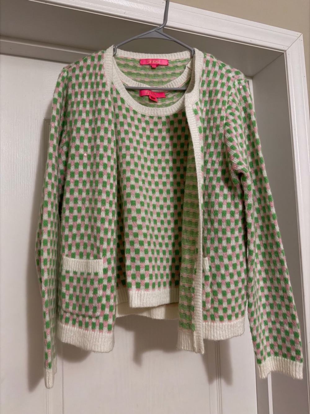 Lilly Pulitzer Viera Sweater Set Green Jacquard Check Cardigan Tank